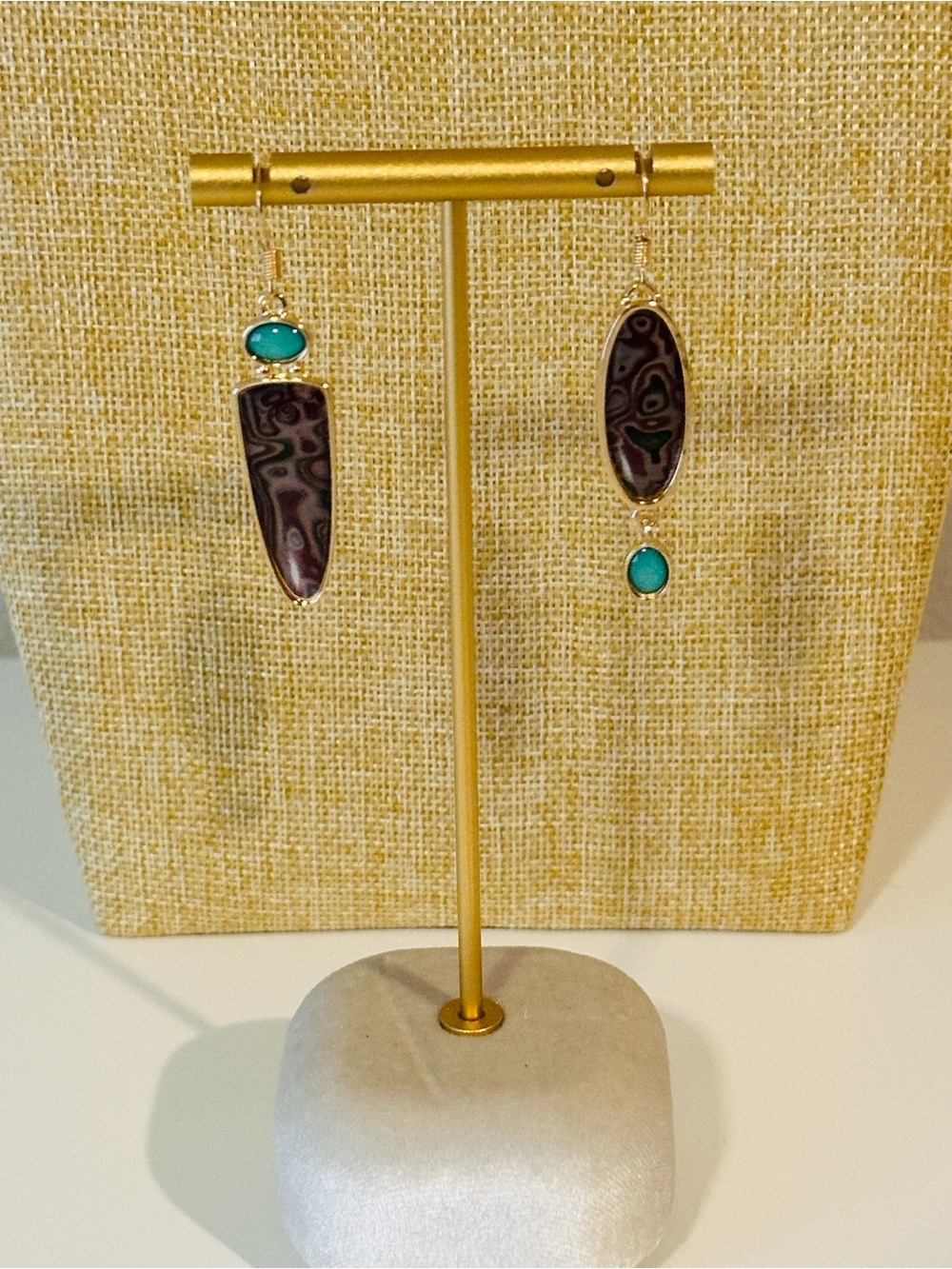 Fashion Jewelry Gold Dangle Earrings with Turquoise and Brown Patterned Drops